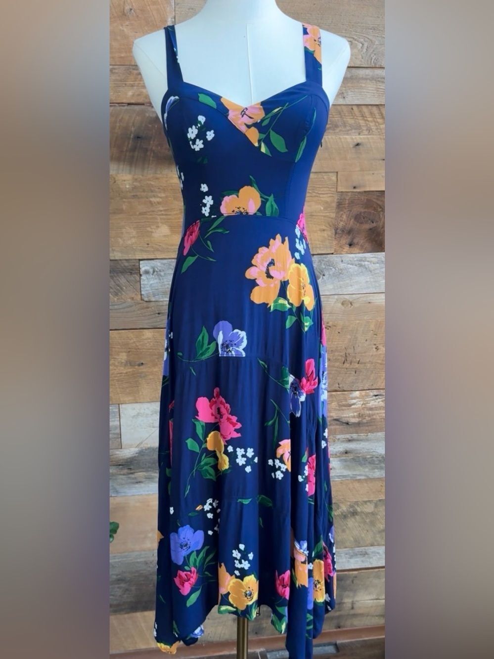 Maeve Anthropologie Vivienne Navy Blue Floral Sweetheart Midi Dress Size 0